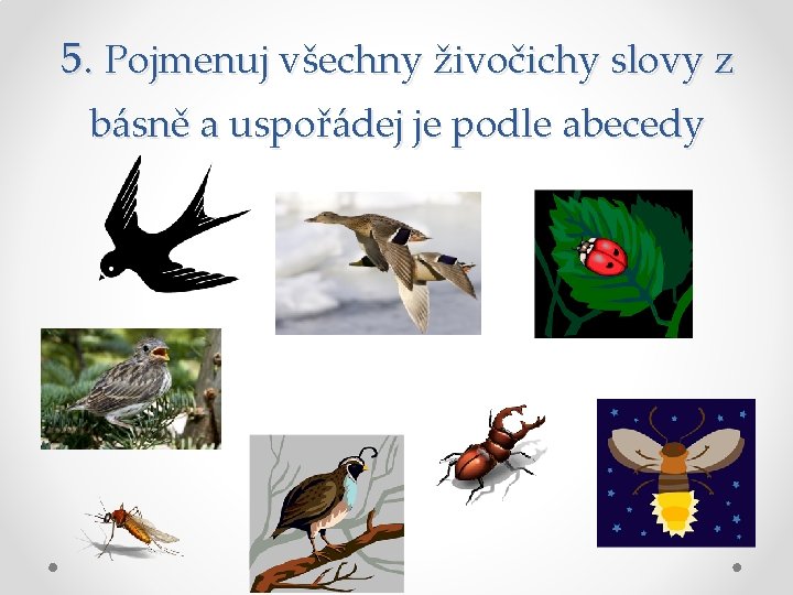 5. Pojmenuj všechny živočichy slovy z básně a uspořádej je podle abecedy 