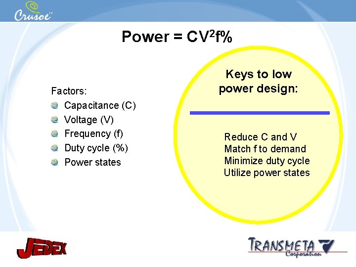 Power = CV 2 f% Factors: Capacitance (C) Voltage (V) Frequency (f) Duty cycle