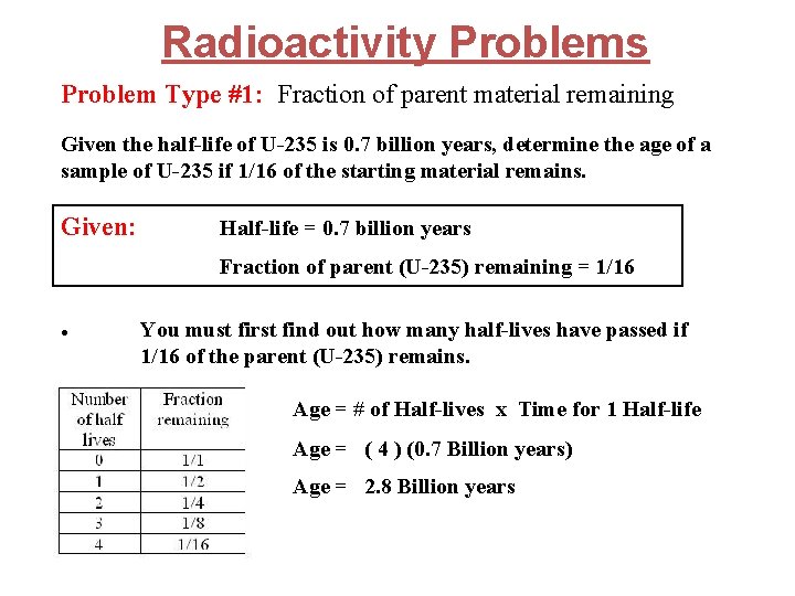 Radioactivity Problems Problem Type #1: Fraction of parent material remaining Given the half-life of