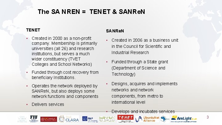 The SA NREN = TENET & SANRe. N TENET SANRe. N • Created in