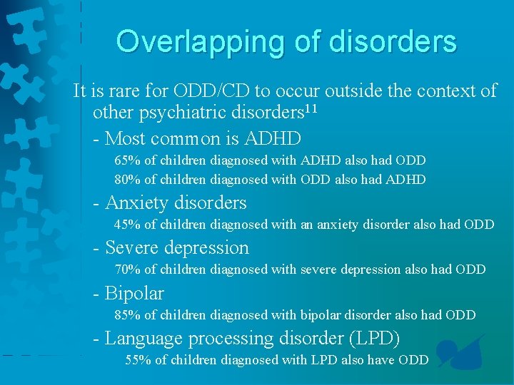 Overlapping of disorders It is rare for ODD/CD to occur outside the context of