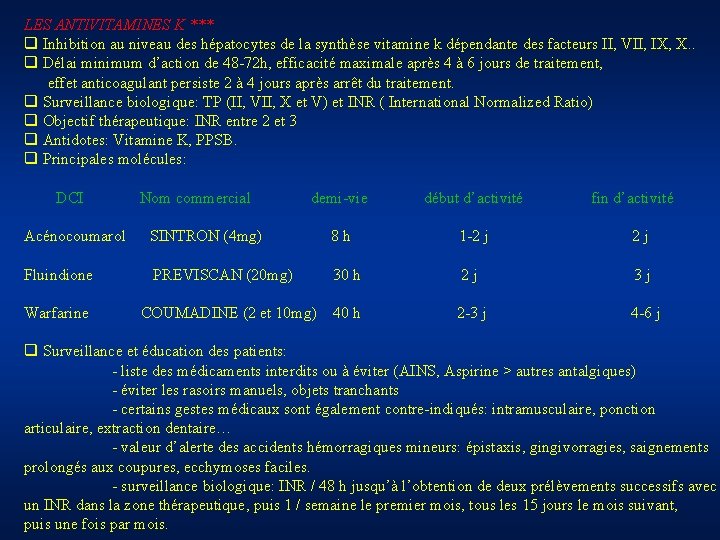 LES ANTIVITAMINES K *** q Inhibition au niveau des hépatocytes de la synthèse vitamine