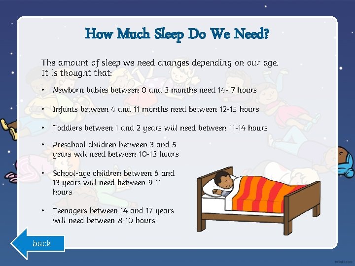 How Much Sleep Do We Need? The amount of sleep we need changes depending