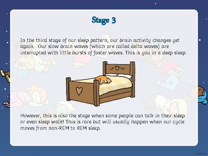 Stage 3 In the third stage of our sleep pattern, our brain activity changes