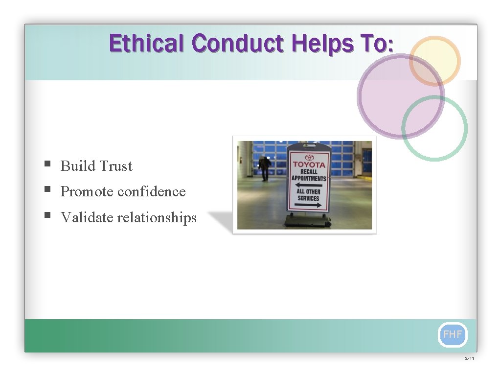 Ethical Conduct Helps To: § § § Build Trust Promote confidence Validate relationships FHF