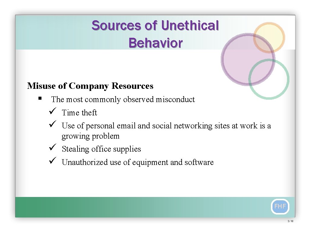 Sources of Unethical Behavior Misuse of Company Resources § The most commonly observed misconduct