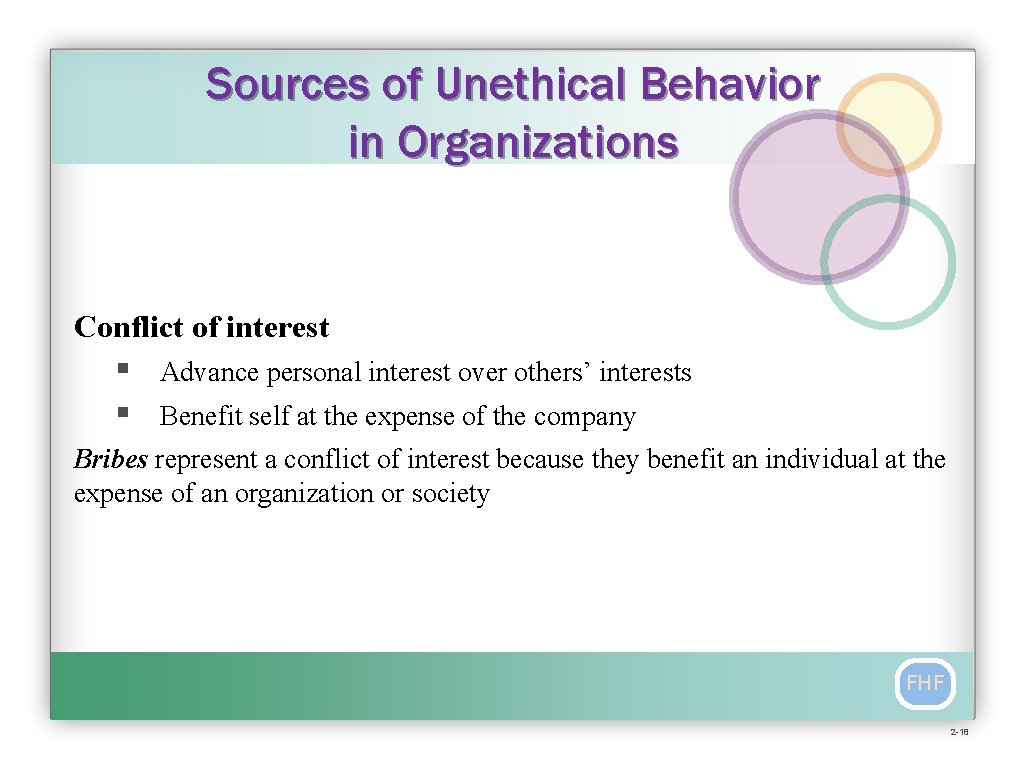 Sources of Unethical Behavior in Organizations Conflict of interest § § Advance personal interest