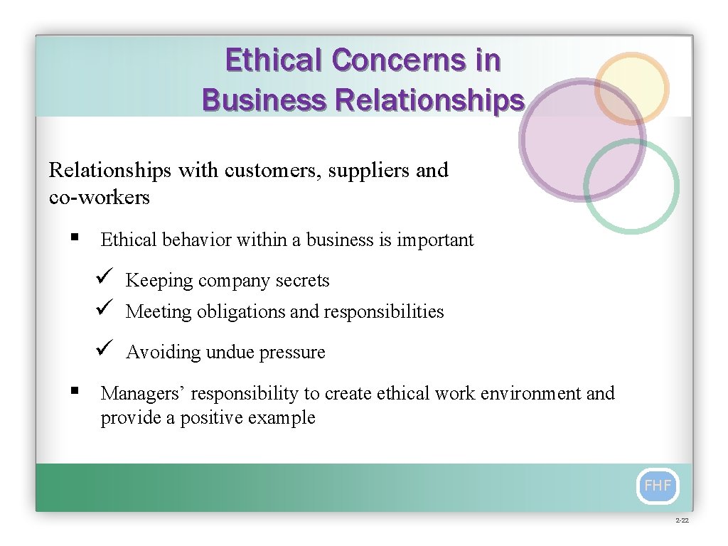 Ethical Concerns in Business Relationships with customers, suppliers and co-workers § § Ethical behavior