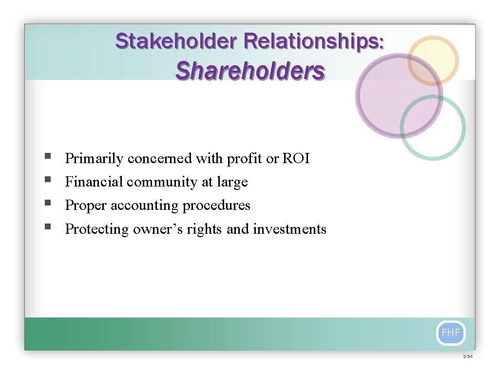 Stakeholder Relationships: Shareholders § § Primarily concerned with profit or ROI Financial community at