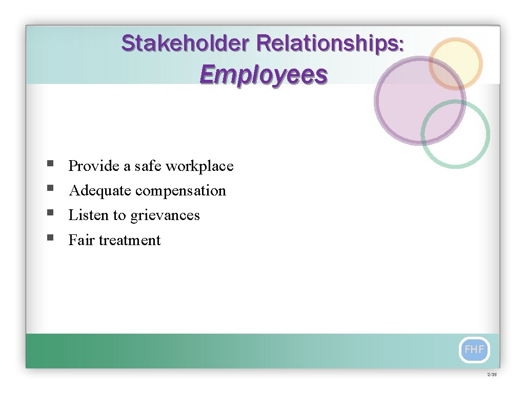 Stakeholder Relationships: Employees § § Provide a safe workplace Adequate compensation Listen to grievances