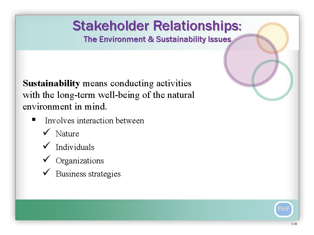 Stakeholder Relationships: The Environment & Sustainability Issues Sustainability means conducting activities with the long-term