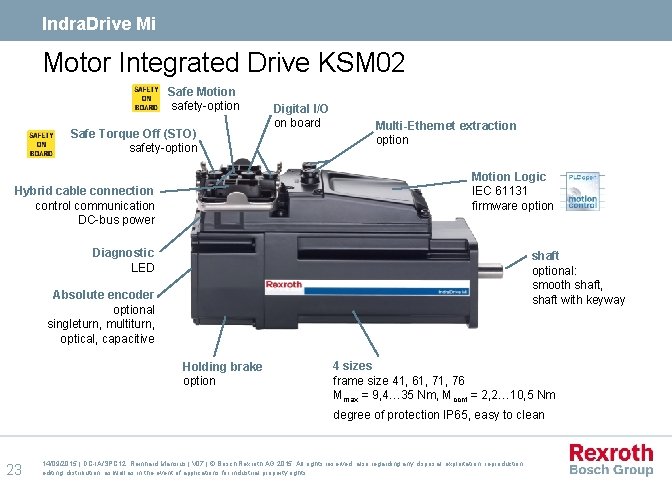 Indra. Drive Mi Motor Integrated Drive KSM 02 Safe Motion safety-option Safe Torque Off
