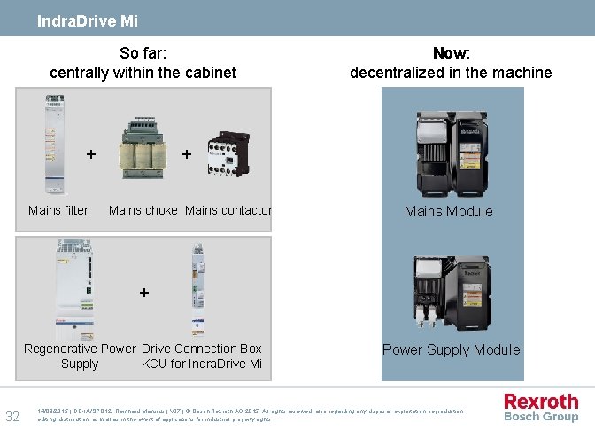 Indra. Drive Mi So far: centrally within the cabinet + Mains filter Now: decentralized