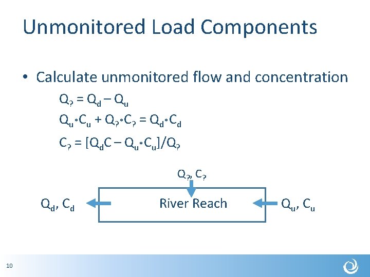 Unmonitored Load Components • Calculate unmonitored flow and concentration Q? = Qd – Qu