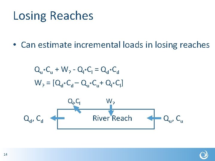 Losing Reaches • Can estimate incremental loads in losing reaches Qu*Cu + W? -