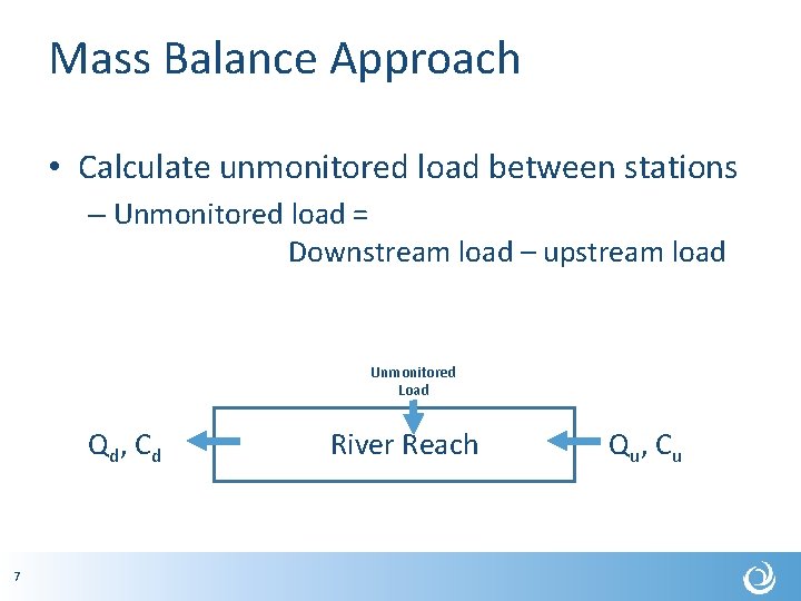 Mass Balance Approach • Calculate unmonitored load between stations – Unmonitored load = Downstream