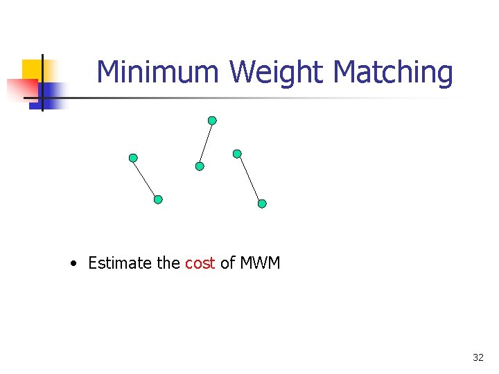 Minimum Weight Matching • Estimate the cost of MWM 32 