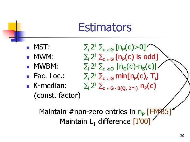 Estimators n n n MST: MWM: MWBM: Fac. Loc. : K-median: (const. factor) ∑i