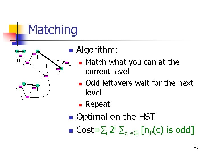 Matching 0 n 1 1 1 0 1 Algorithm: n 1 0 n n