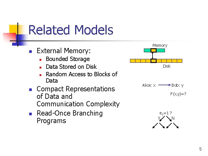Related Models n External Memory: n n n Bounded Storage Data Stored on Disk