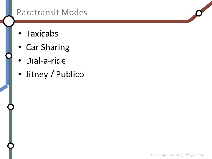 Paratransit Modes • • Taxicabs Car Sharing Dial-a-ride Jitney / Publico Transit Planning, Design