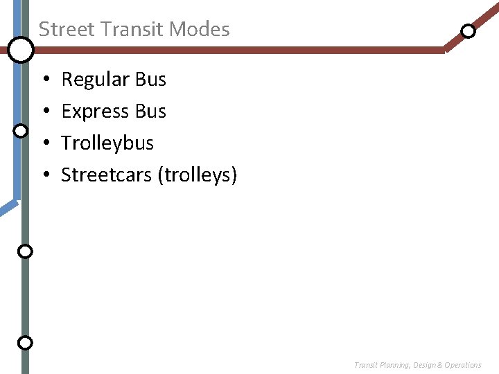 Street Transit Modes • • Regular Bus Express Bus Trolleybus Streetcars (trolleys) Transit Planning,
