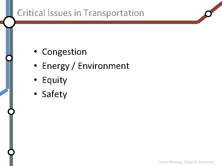Critical Issues in Transportation • • Congestion Energy / Environment Equity Safety Transit Planning,