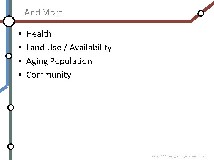 …And More • • Health Land Use / Availability Aging Population Community Transit Planning,