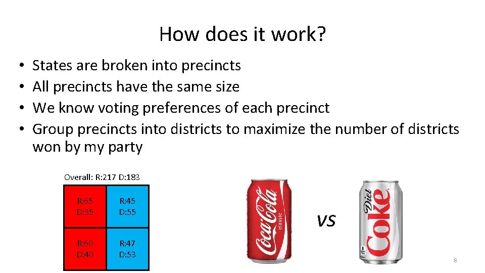 How does it work? • • States are broken into precincts All precincts have