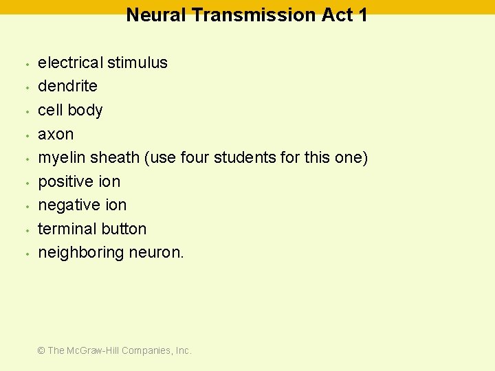 Neural Transmission Act 1 • • • electrical stimulus dendrite cell body axon myelin