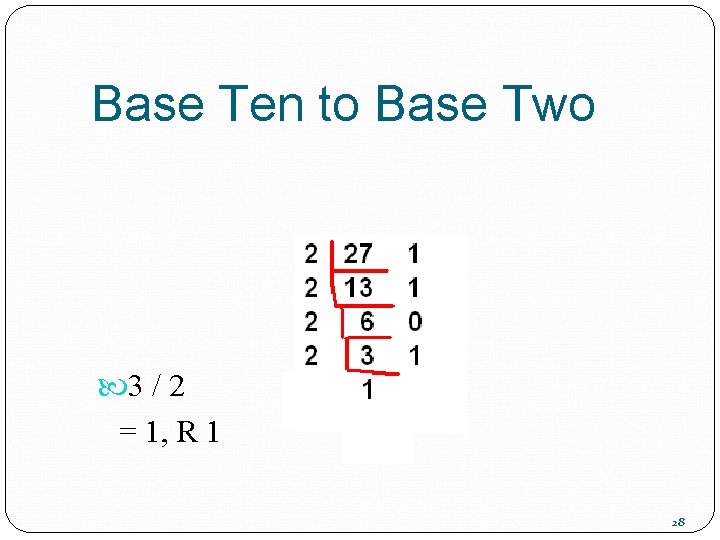 Base Ten to Base Two 3 / 2 = 1, R 1 28 