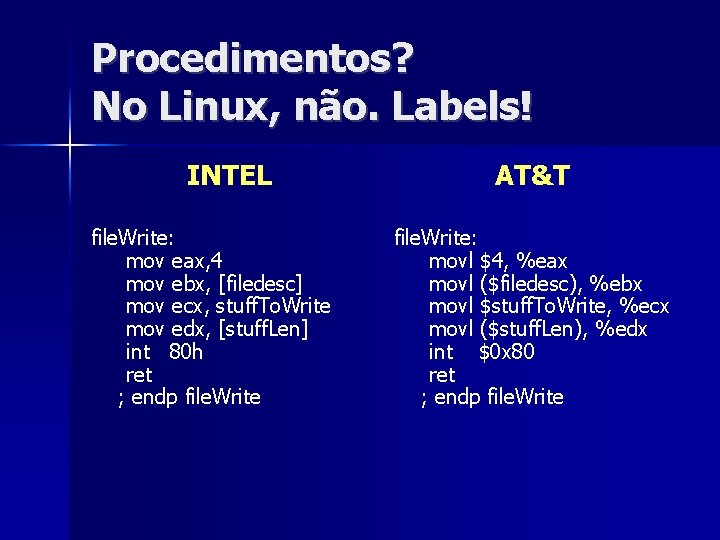 Procedimentos? No Linux, não. Labels! INTEL file. Write: mov eax, 4 mov ebx, [filedesc]