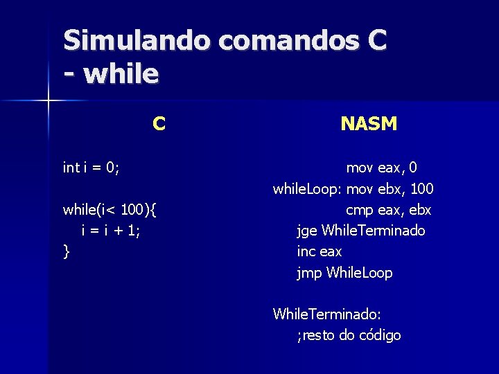 Simulando comandos C - while C int i = 0; while(i< 100){ i =
