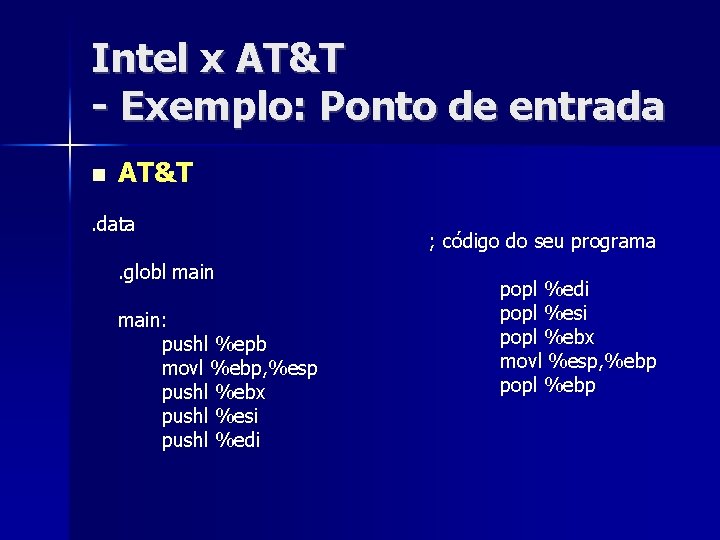 Intel x AT&T - Exemplo: Ponto de entrada AT&T . data. globl main: pushl