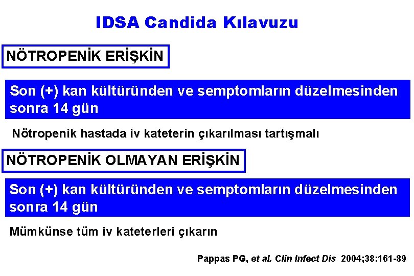 IDSA Candida Kılavuzu NÖTROPENİK ERİŞKİN Son (+) kan kültüründen ve semptomların düzelmesinden sonra 14