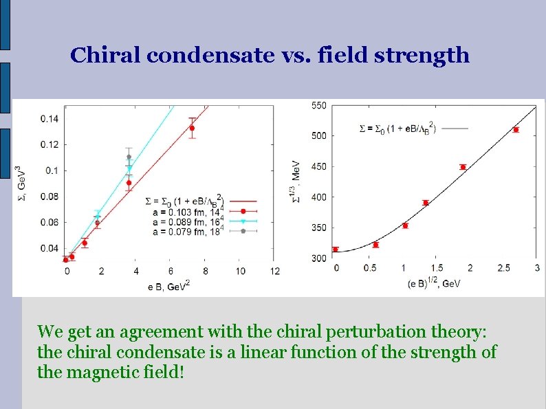 Chiral condensate vs. field strength We get an agreement with the chiral perturbation theory: