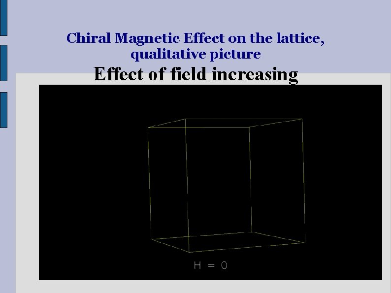Chiral Magnetic Effect on the lattice, qualitative picture Effect of field increasing 
