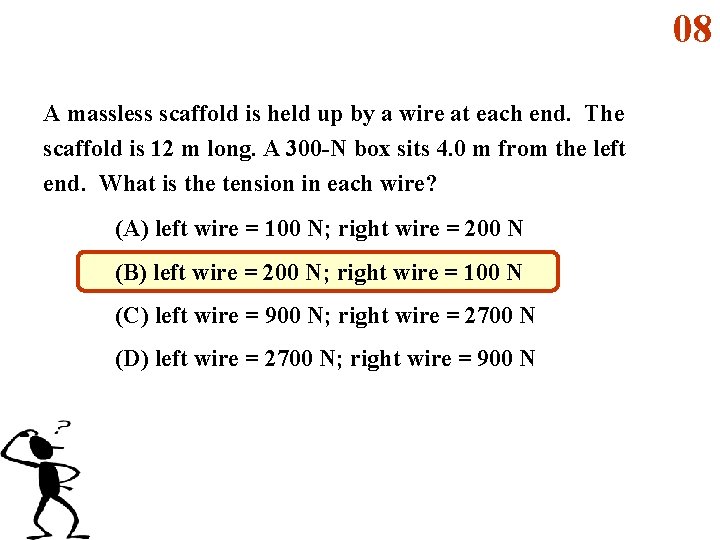 08 A massless scaffold is held up by a wire at each end. The