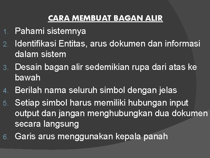 CARA MEMBUAT BAGAN ALIR 1. 2. 3. 4. 5. 6. Pahami sistemnya Identifikasi Entitas,