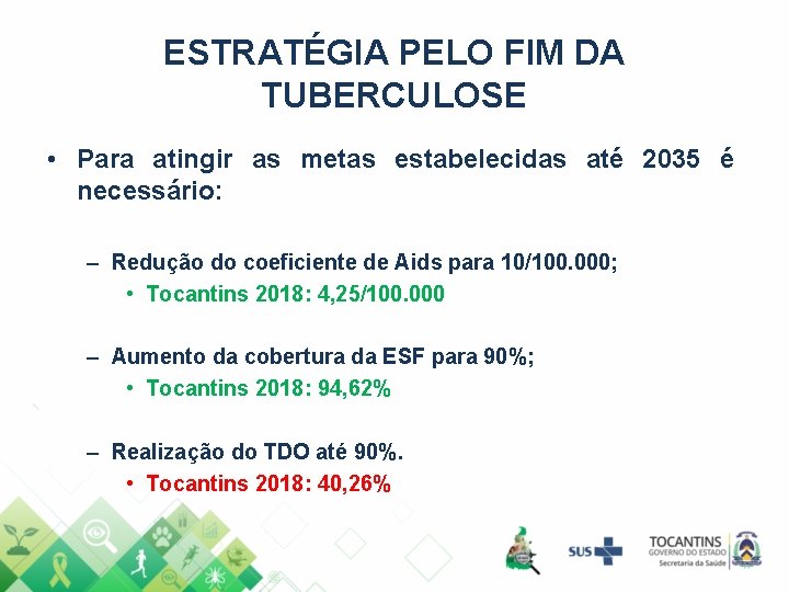 ESTRATÉGIA PELO FIM DA TUBERCULOSE • Para atingir as metas estabelecidas até 2035 é