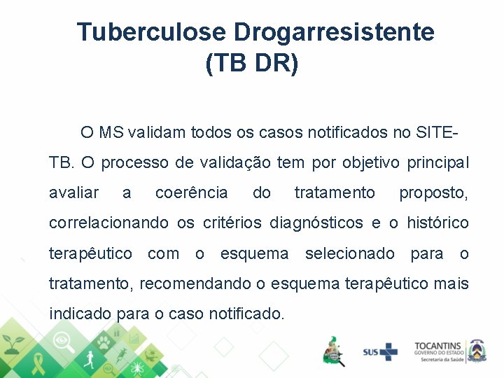 Tuberculose Drogarresistente (TB DR) O MS validam todos os casos notificados no SITETB. O