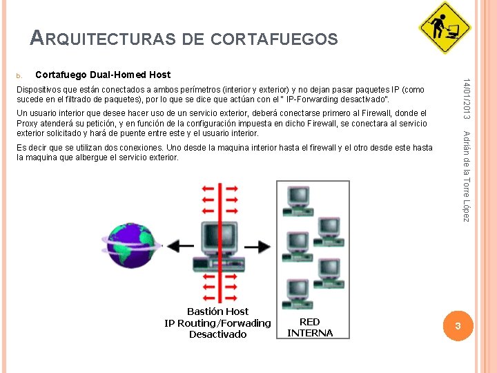 ARQUITECTURAS DE CORTAFUEGOS Cortafuego Dual-Homed Host 14/01/2013 b. Dispositivos que están conectados a ambos