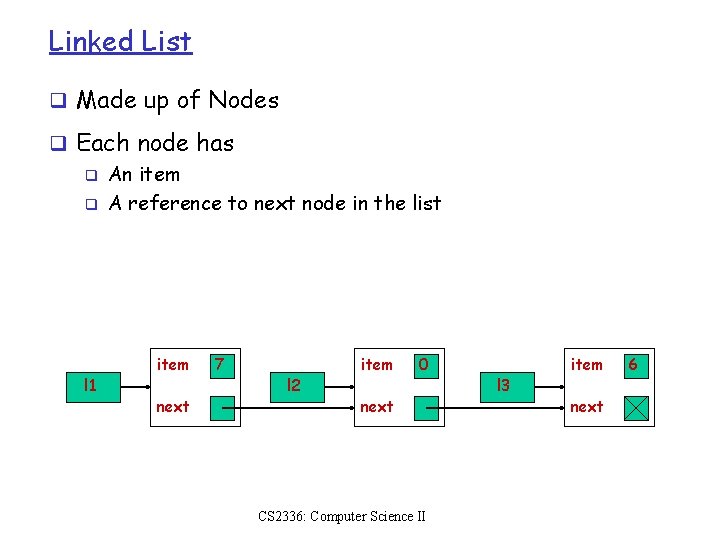 Linked List q Made up of Nodes q Each node has q An item