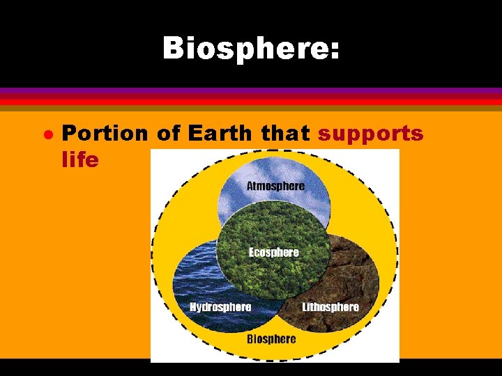 Biosphere: l Portion of Earth that supports life 
