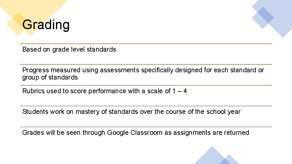 Grading Based on grade level standards Progress measured using assessments specifically designed for each