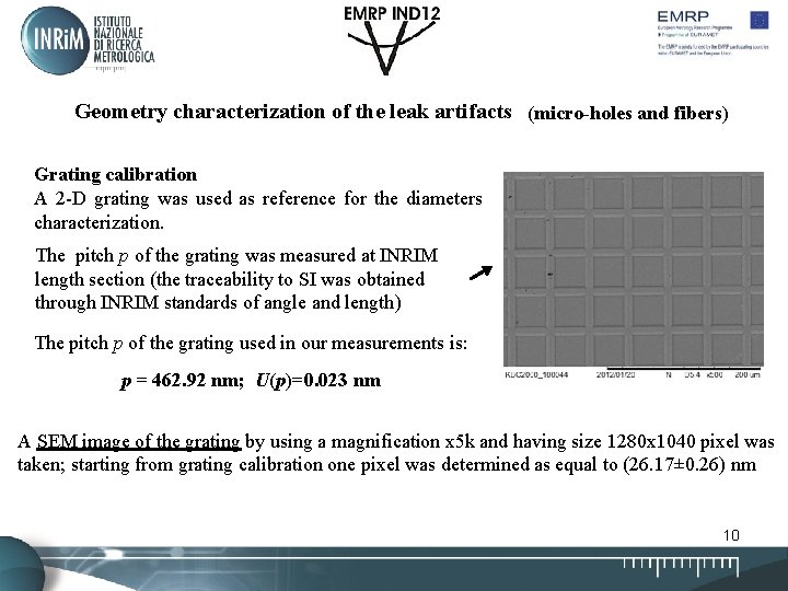 Geometry characterization of the leak artifacts (micro-holes and fibers) Grating calibration A 2 -D