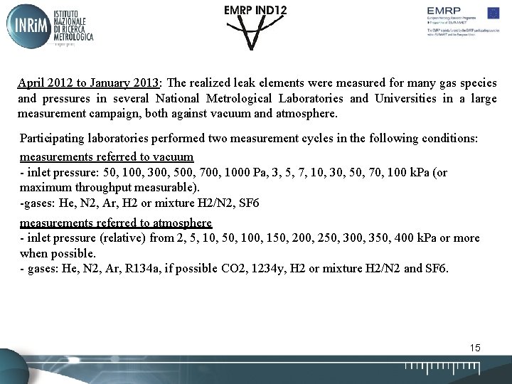 April 2012 to January 2013: The realized leak elements were measured for many gas