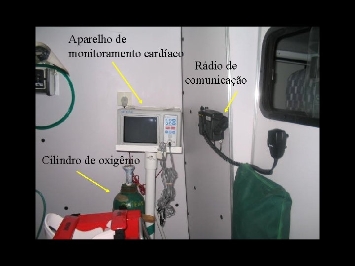 Aparelho de monitoramento cardíaco Cilindro de oxigênio Rádio de comunicação 