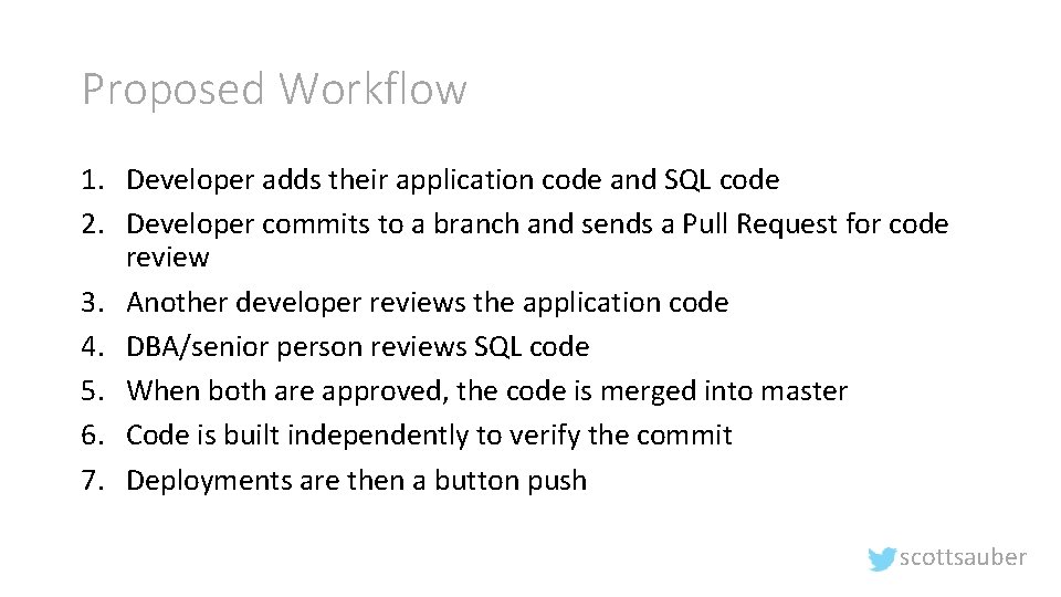 Proposed Workflow 1. Developer adds their application code and SQL code 2. Developer commits