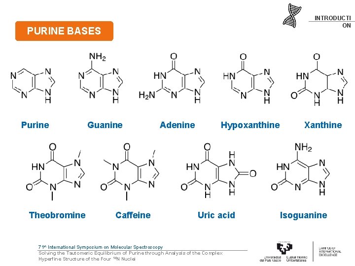 INTRODUCTI ON PURINE BASES Purine Theobromine Guanine Caffeine Adenine Hypoxanthine Uric acid 71 st